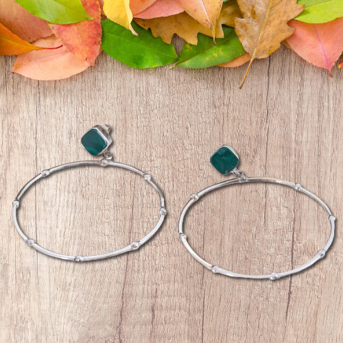 Malachite Silver Sterling Hoops Earrings